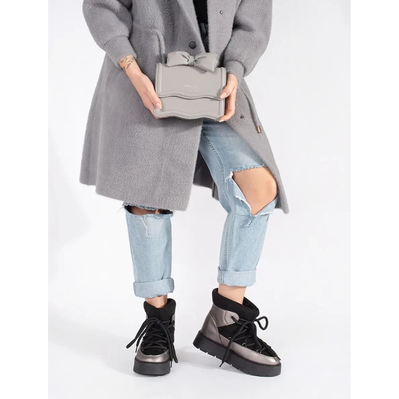 Cizme de zăpadă de damă negre și argintii cu șireturi, cu talpă groasă negru 1