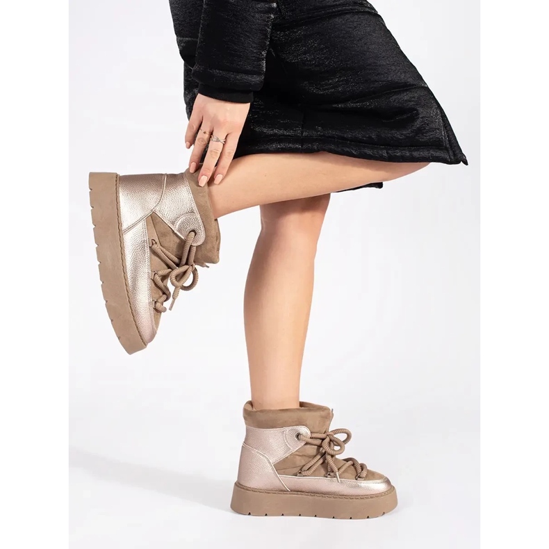 Cizme de zăpadă de damă bej cu șireturi, cu talpă groasă 1