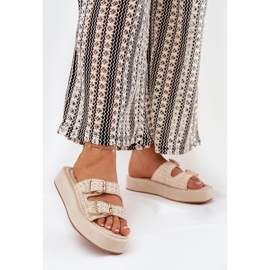 Flip -flops pentru femei pe platformă cu catarame și împletitură bej 2