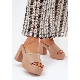 Papuci de piele Eco pentru femei pe postare și platforma Kaki bej 2