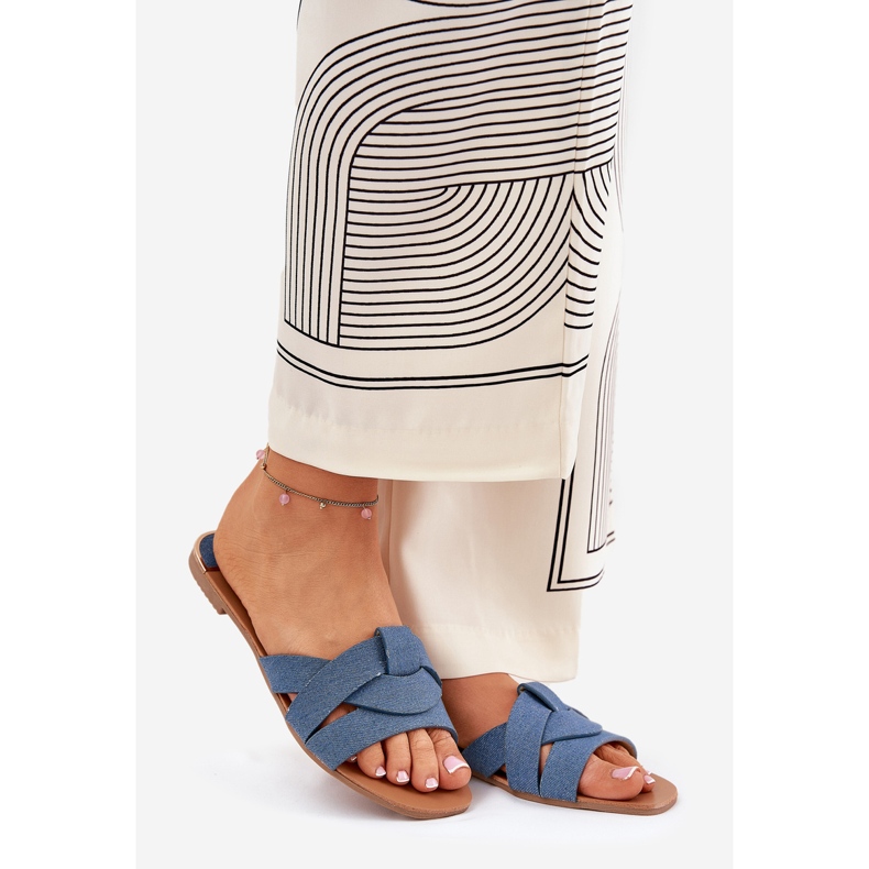 Flip -flops pentru femei plate cu dungi din denim împletite albastru 1