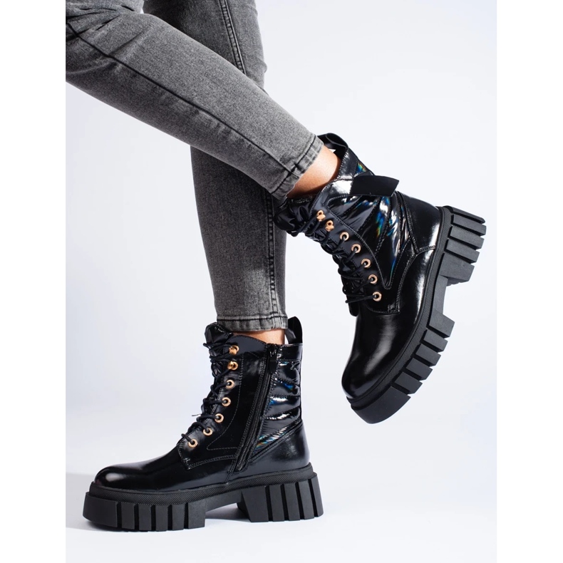 Pantofi muncitori de damă de culoare neagră cu talpă groasă negru 1