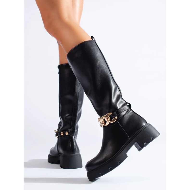 Cizme de dama cu lant din piele ecologica negru 2