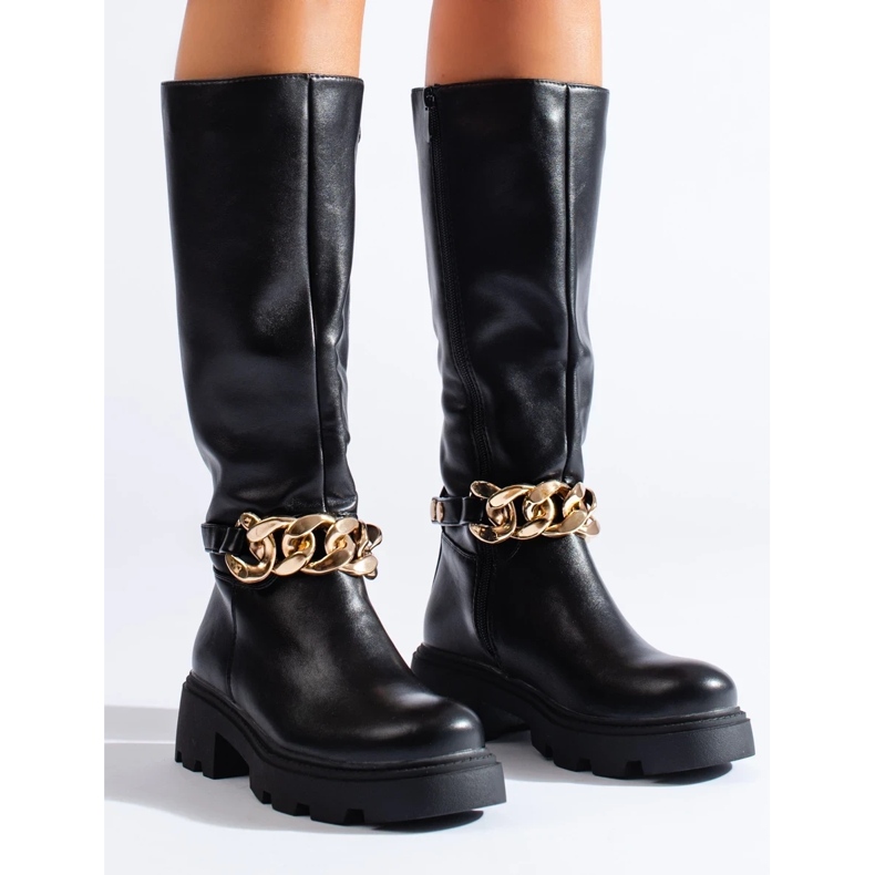 Cizme de dama cu lant din piele ecologica negru 1