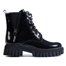 Botine de dama cu siret, cu partea superioara decorativa negru 2