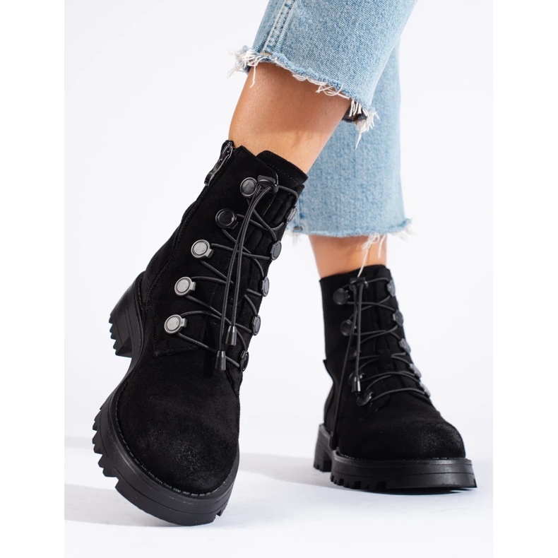 Botine de damă din piele intoarsa neagra negru 2