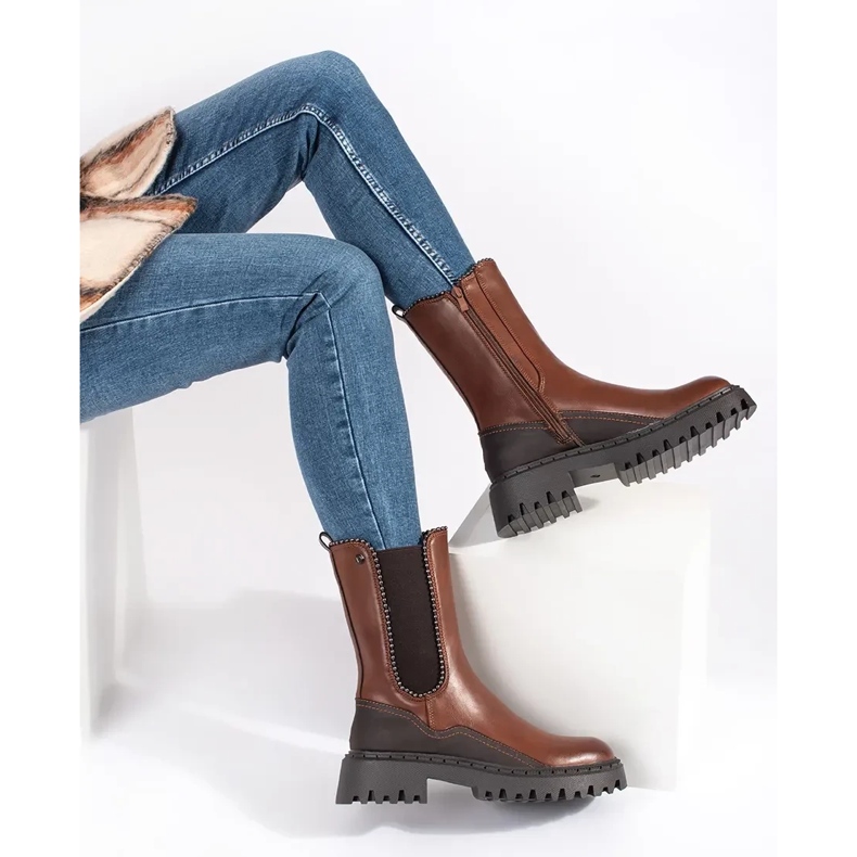 Cizme Chelsea înalte din piele ecologică maro 1