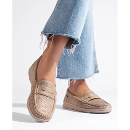 Mocasini Shelovet de damă din piele intoarsa aurii bej 1