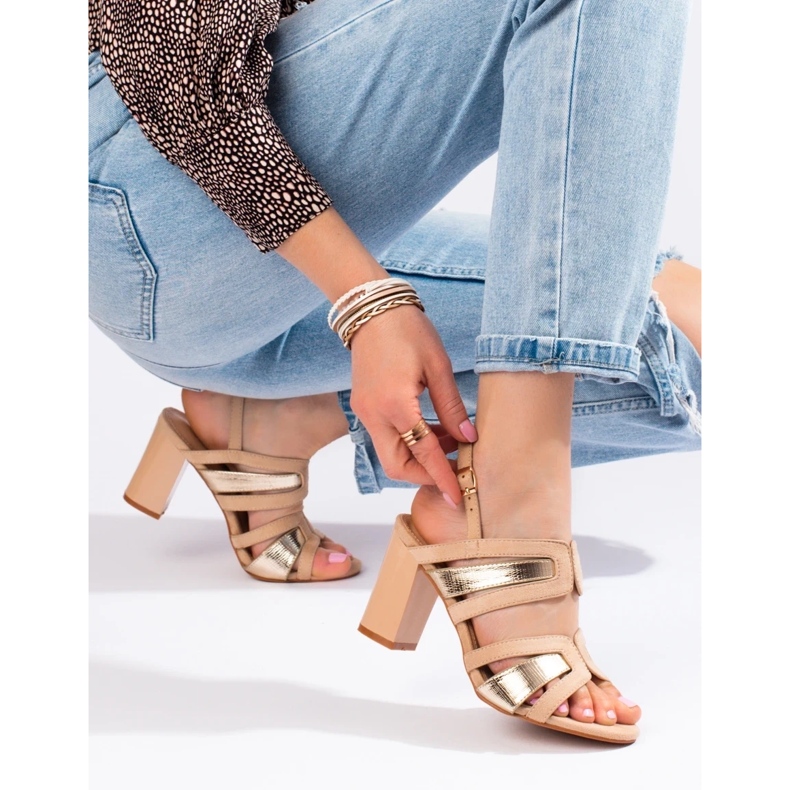 Vinceza Sandale de dama cu toc bej si auriu de la Vineza 1