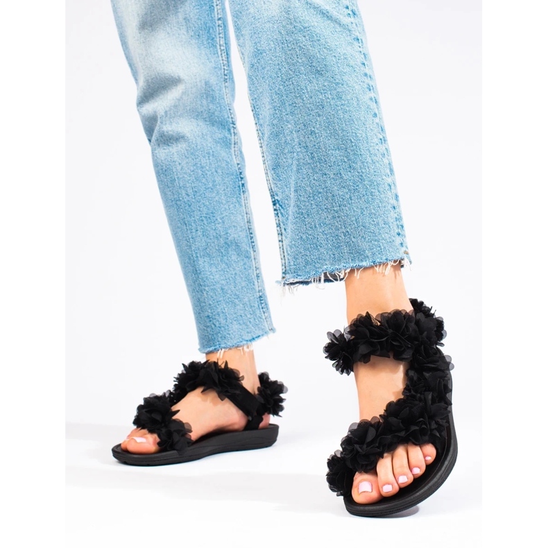 Sandale cu velcro Shelovet de damă negre cu parfum negru 1