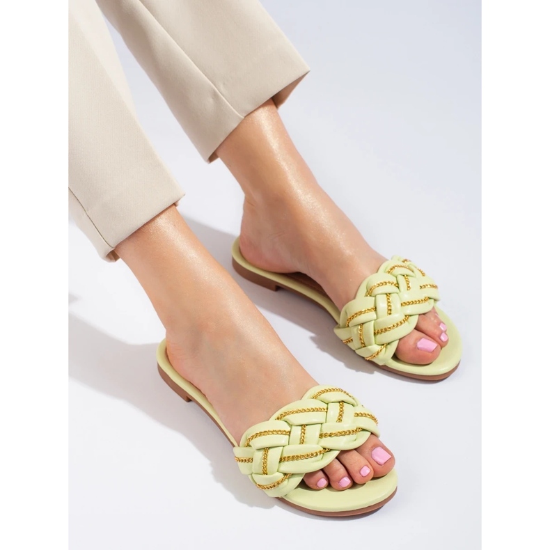 Papuci eleganti de tei pentru femei cu lant de la Shelovet verde 2