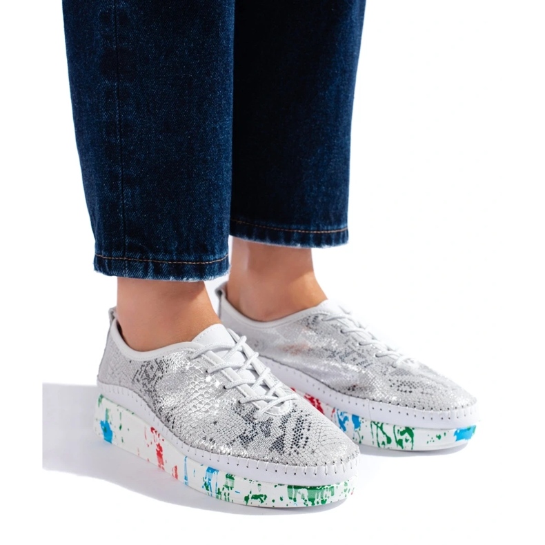 Pantofi de damă din piele argintie cu platformă Shelovet colorată 2