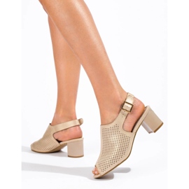 Sandale de damă ajurate din piele intoarsa cu toc Shelovet gold de aur 2