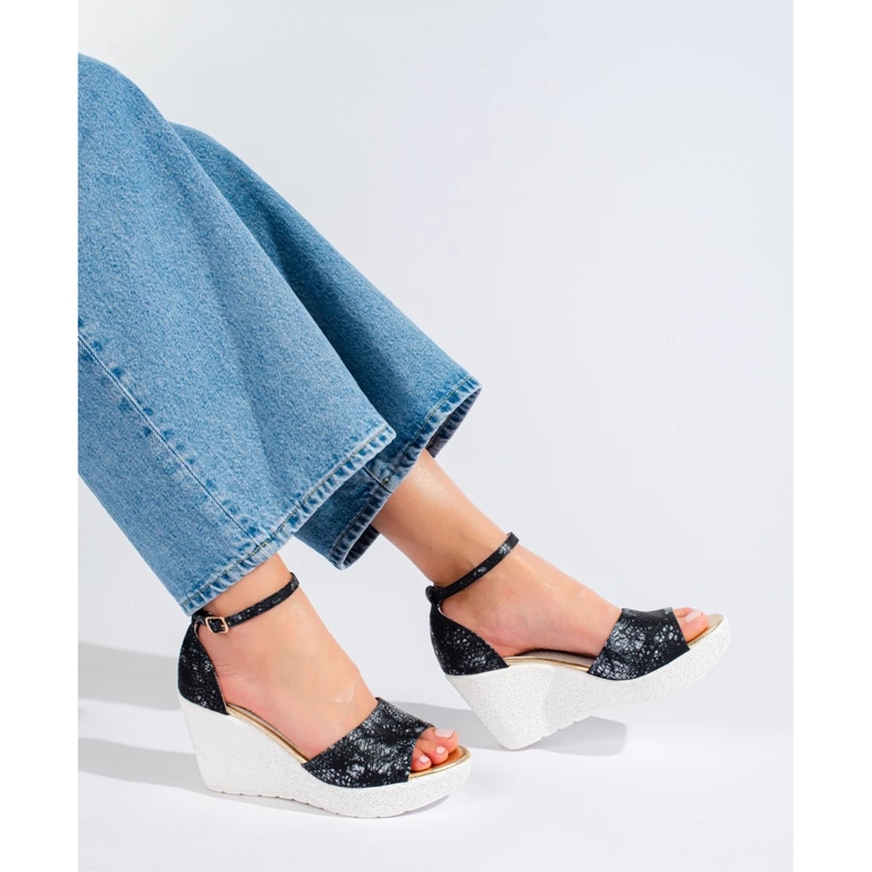 Sandale cu pană de damă alb-negru de la Shelovet 2