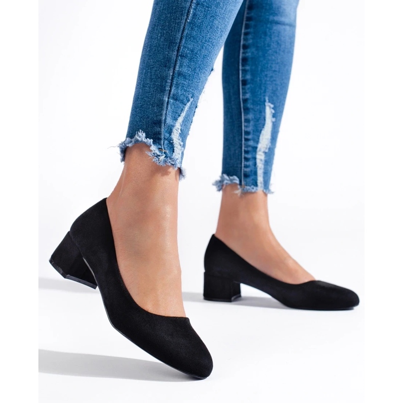 Pompe de damă din piele intoartă neagră cu toc joasă negru 2