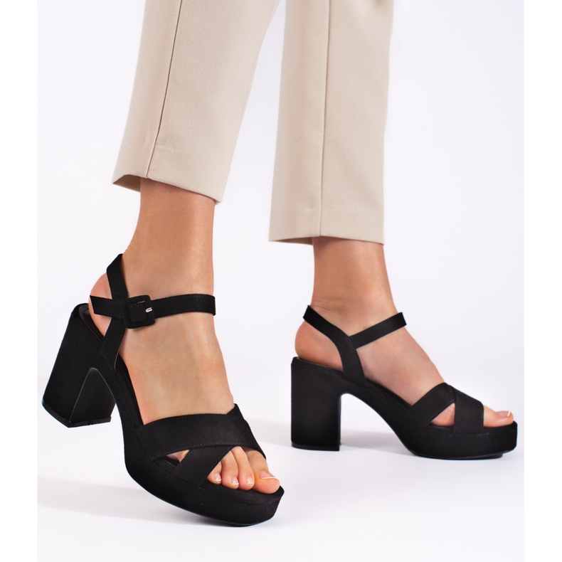 Sandale de damă din piele intoarsa cu toc inalt negru 2