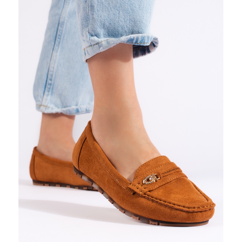 Mocasini de dama din piele intoarsa camel maro 2