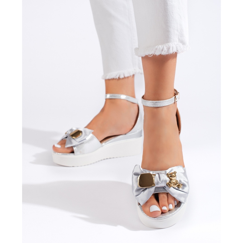 Seastar Sandale cu pană de damă argintii cu fundă 2