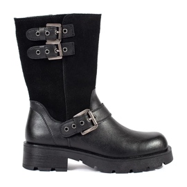 Botine de dama neagra din piele pe platforma decorate cu dungi Sergio Leone negru 1