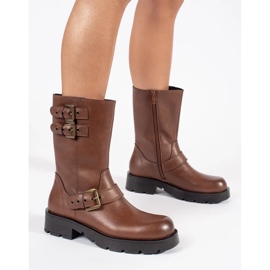 Botine de dama din piele maro pe platforma decorate cu dungi Sergio Leone 1