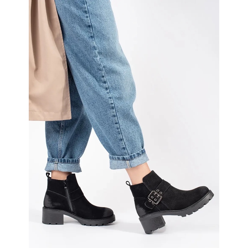 Botine negre de damă cu toc înalt din piele naturală nubuc cu cataramă decorativă de Sergio Leone negru 1