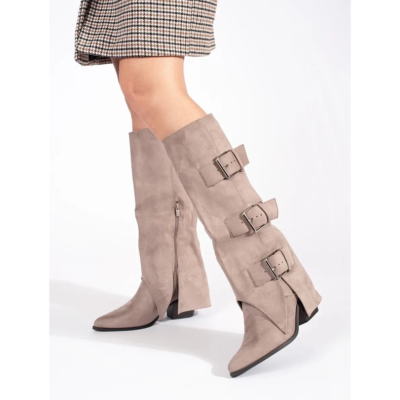 Seastar Cizme de dama cu toc inalt din piele intoarsa bej cu catarame 2