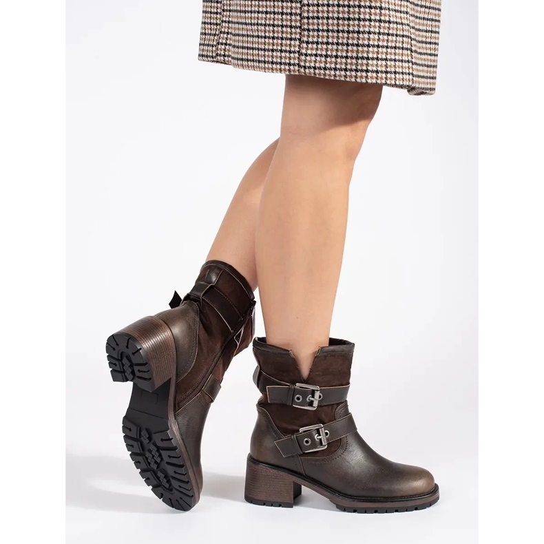 Botine de damă maro cu toc înalt și catarame 1