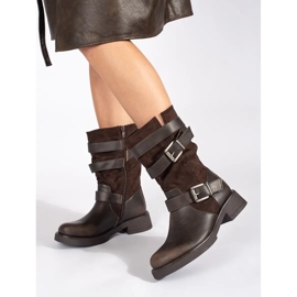 Botine de damă maro cu toc joasă și catarame 1