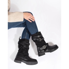 Botine de damă negre cu toc joasă și catarame negru 1