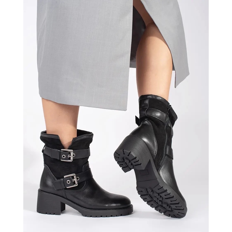 Botine de dama negre cu toc inalt cu catarame negru 1