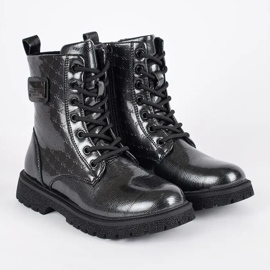 Botine negre din piele lacuita cu siret pentru fete negru 2