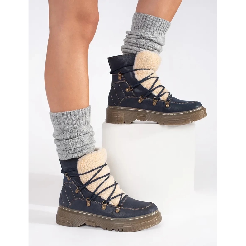 Goodin Cizme bleumarin, izolate, cu șireturi, cu blană de oaie albastru 2