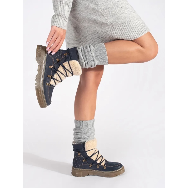 Goodin Cizme bleumarin, izolate, cu șireturi, cu blană de oaie albastru 1