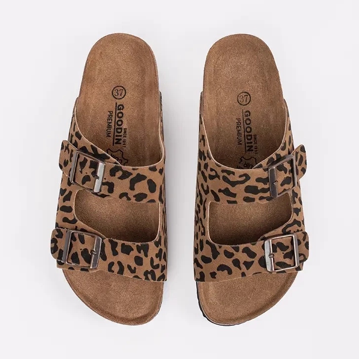 Goodin Papuci din piele pentru femei cu imprimeu leopard maro 2 Goodin Papuci din piele pentru femei cu imprimeu leopard maro 2
