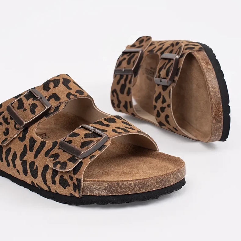 Goodin Papuci din piele pentru femei cu imprimeu leopard maro 1 Goodin Papuci din piele pentru femei cu imprimeu leopard maro 1