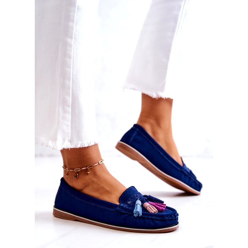Evento Mocasini de dama din piele intoarsa cu franjuri Albastru bleumarin Laressa 3