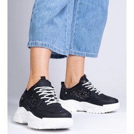 Adidașii pentru femei negre cu inserții de sclipici negru 1