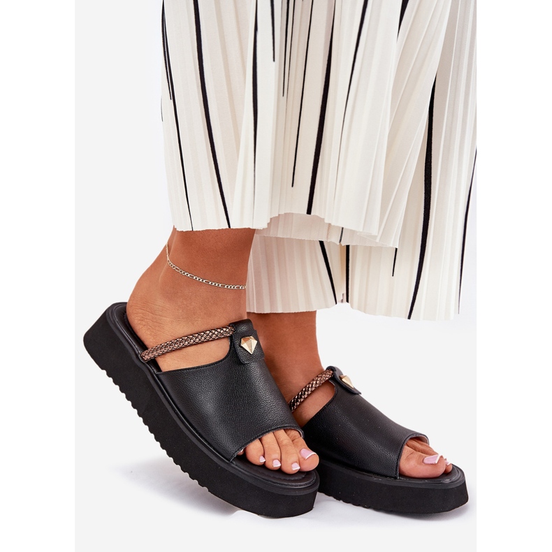 S.Barski Papucii din piele pentru femei pe platformă cu o curea decorativă D&amp;A MK51-475 Negru 1