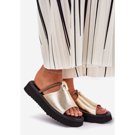 S.Barski Papucii din piele pentru femei pe platformă cu o curea decorativă D&amp;A MK51-475 Aur de aur 1