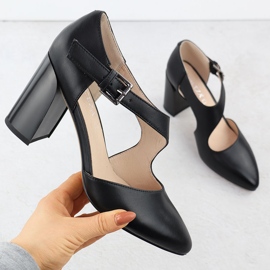 Pompe din piele pe pantofi cu stâlp cu bandă neagră Vinceza 91133 negru 1