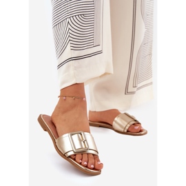 Papuci pentru femei din piele eco cu cataramă aurii de aur 1