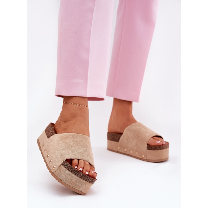 Papuci pentru femei pe platforma masivă Eco Suede Khaki bej 2