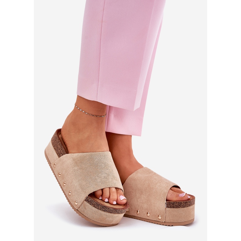 Papuci pentru femei pe platforma masivă Eco Suede Khaki bej 1