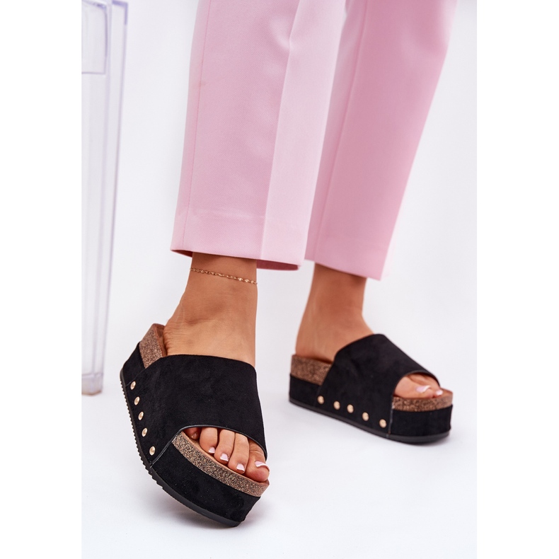 Flip -flops pentru femei pe platforma masivă Eco Suede Black negru 2