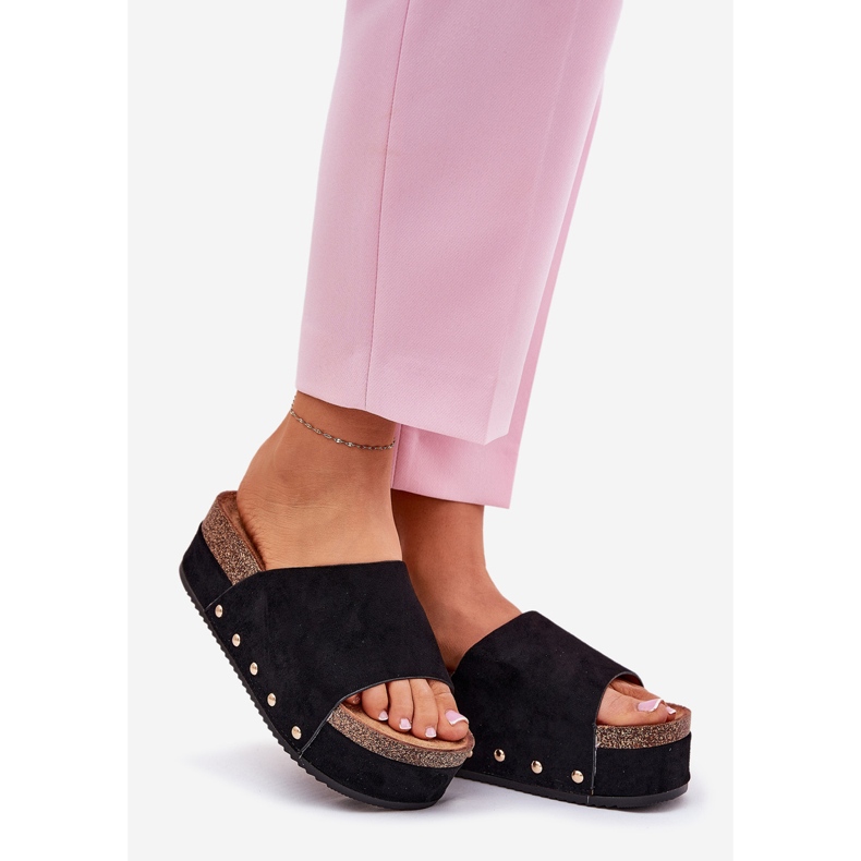 Flip -flops pentru femei pe platforma masivă Eco Suede Black negru 1