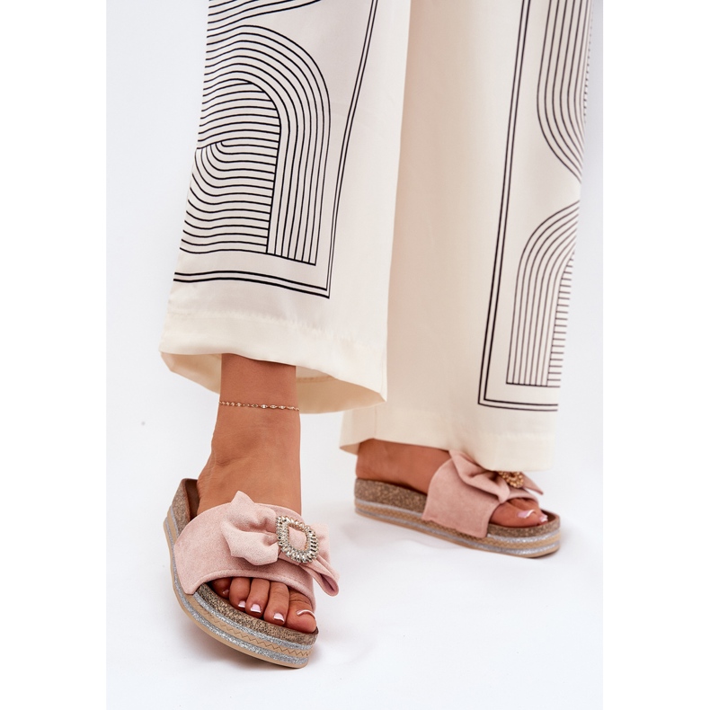 Flip -flops pentru femei pe platformă cu un arc și o broșă decorativă roz 2