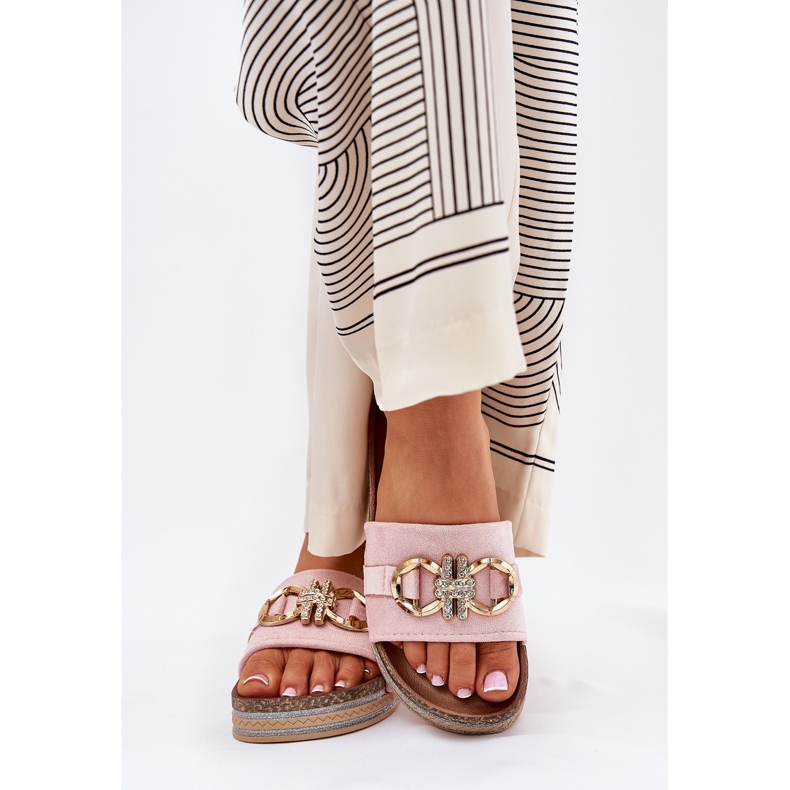 Flip -flops pentru femei pe platformă cu sclipici și decor auriu roz 2