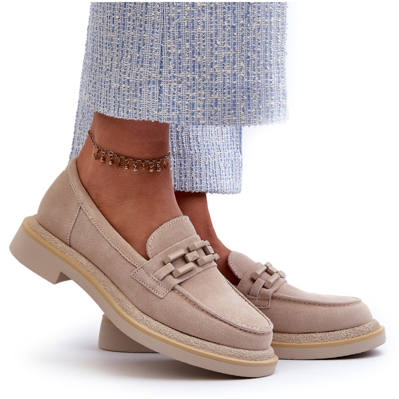 S.Barski Plăcile din piele cu toc plat cu femei cu decorare TW101 Beige ușor bej 4