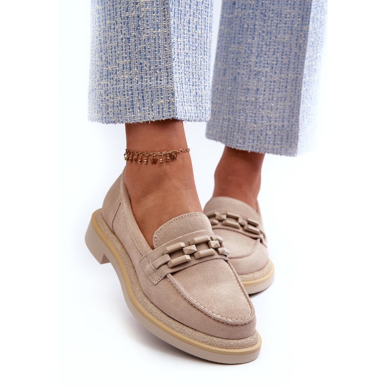 S.Barski Plăcile din piele cu toc plat cu femei cu decorare TW101 Beige ușor bej 2