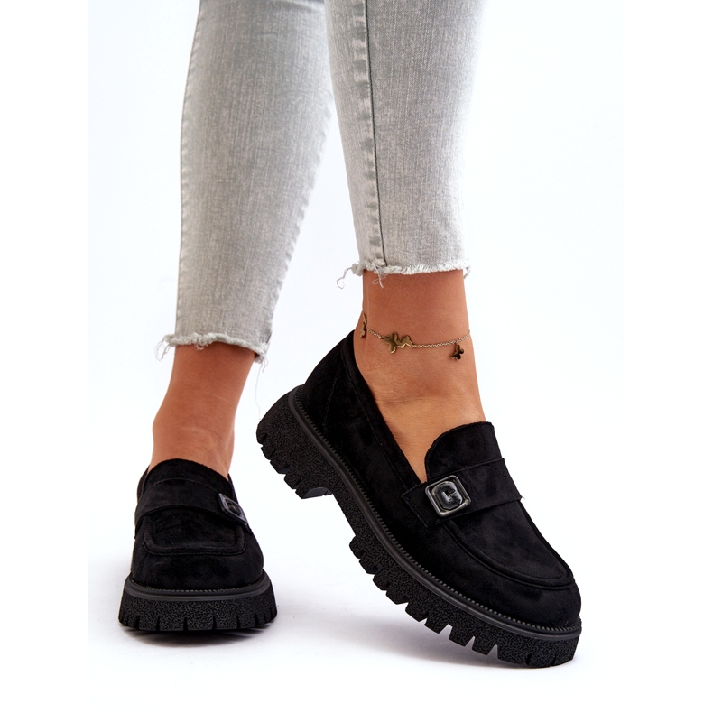 Vinceza Mocasinele negre eco-eco-ecologice, cu o centură decorativă și o inserție de piele negru 3